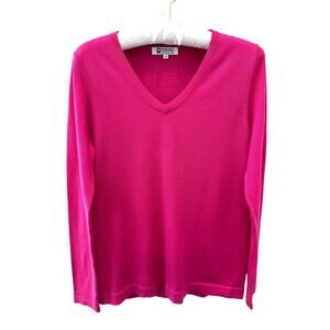 MERINO COLLECTION Hot Pink Fuchsia V Neck Sweater Extra Fine Merino Wool | XS